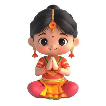 A cheerful cartoon character in traditional attire, greeting with folded hands. png