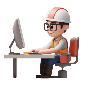 A cartoon engineer working diligently at a computer, showcasing digital innovation. png