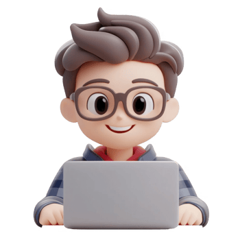 A cheerful character sitting at a laptop, representing productivity and creativity. png