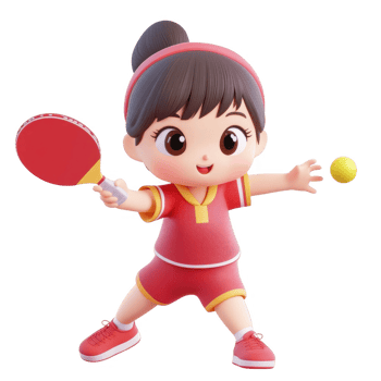 A cheerful cartoon girl playing table tennis with excitement and energy. png