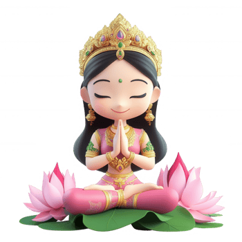 A serene cartoon character meditating on lotus flowers, embodying peace and spirituality. png