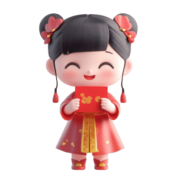 Cheerful girl in traditional attire holding a red envelope, celebrating a festive occasion. png