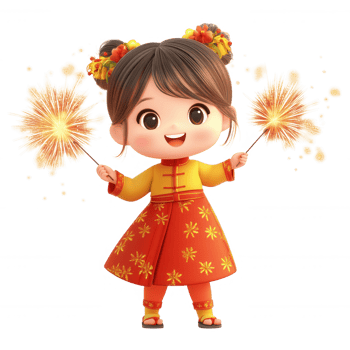 Cheerful girl in traditional attire celebrating with sparklers in vibrant colors. png