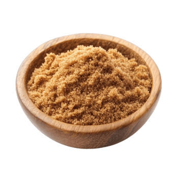 A close-up of brown sugar in a wooden bowl on a white background. png