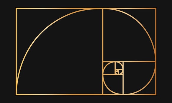 Golden ratio template. Gold logarithmic spiral in rectangle frame divided on squares. Fibonacci sequence grid. Leonardo da Vinci divine proportion. Ideal nature symmetry layout. illustration vector