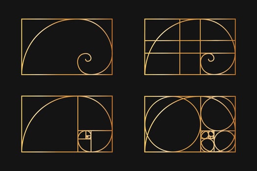 Golden ratio templates. Logarithmic spirals in rectangle frames divided on lines, squares and circles. Fibonacci sequence grids. Ideal harmony, symmetry proportions layouts vector