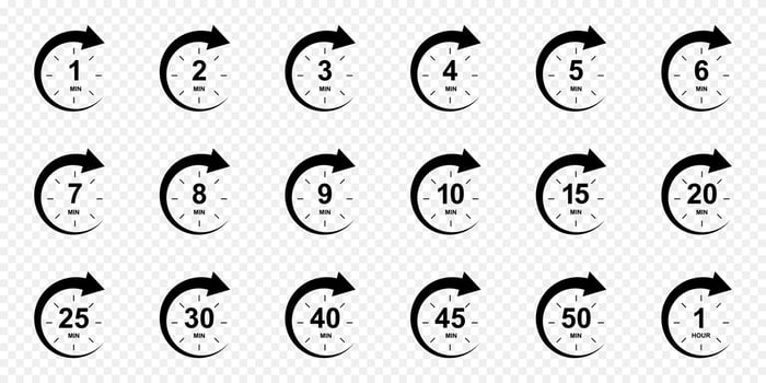 Set of minutes icons with circle arrows. Stopwatch symbols. 1, 2, 3, 4, 5, 6, 7, 8, 9, 10, 15, 20, 25, 30, 40, 45, 50 min and 1 hour sport or cooking timer signs vector