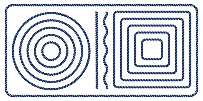 Set of round and square rope frames, straight and wavy cord borders isolated on white background. Thread, twine, jute, cable elements. Maritime, yacht, sea, ocean ornaments vector