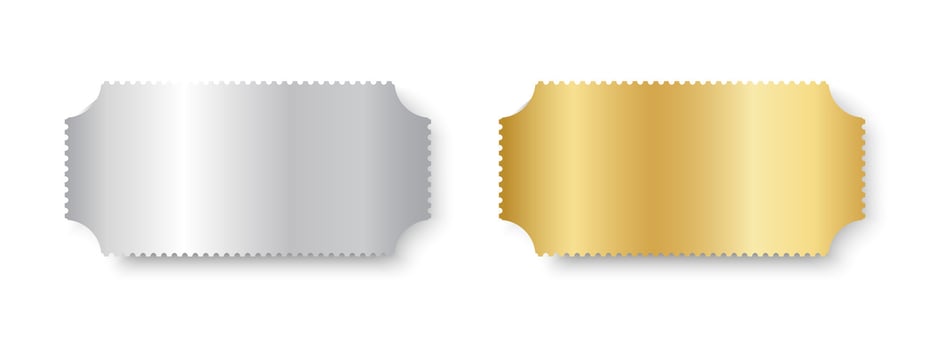 Silver and gold tickets mockups. Shining metallic raffle, win lottery, coupon offer templates. Cards for entrance or seating in luxury style. realistic illustration vector