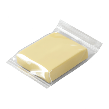Wrapped cheese block in clear packaging ready for culinary use or sale. png