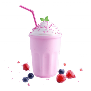 Delicious pink milkshake topped with whipped cream and berries on a bright background. png