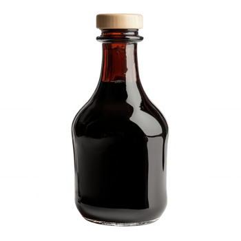 Elegant dark glass bottle filled with rich, aromatic liquid on a plain background. png