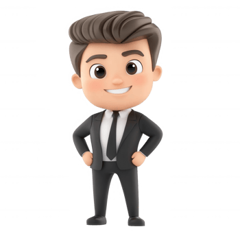 Stylish cartoon businessman smiling confidently in a suit, ready for success. png