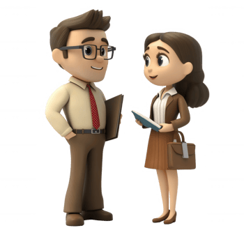 Two animated characters having a positive conversation in a professional setting. png