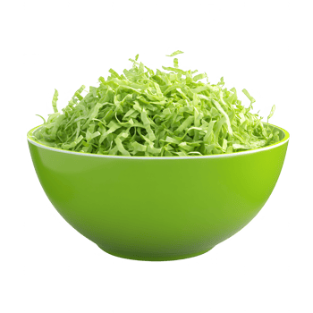 Freshly chopped green cabbage in a bright green bowl, perfect for salads and cooking. png