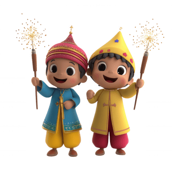 Two joyful children celebrating with sparkles in vibrant traditional attire. png