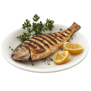 Grilled fish served with lemon slices and fresh herbs on a white plate. png