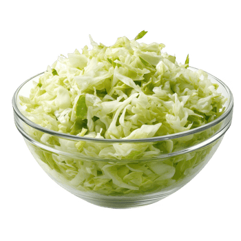 Freshly shredded cabbage in a clear glass bowl, perfect for salads and cooking. png
