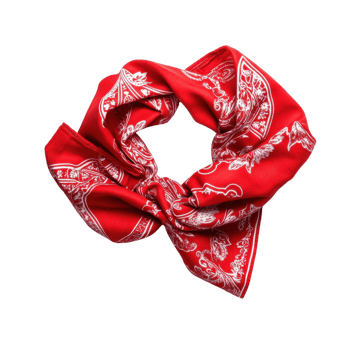 Stylish red silk bandana with intricate patterns, perfect for fashion accessories. png