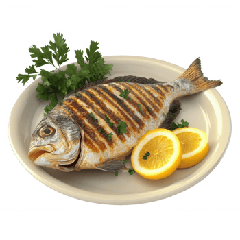 Grilled fish garnished with herbs and lemon slices on a plate, ready to serve. png