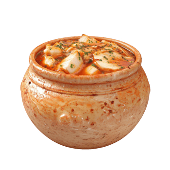 Delicious traditional stew served in a rustic clay pot, garnished with herbs. png