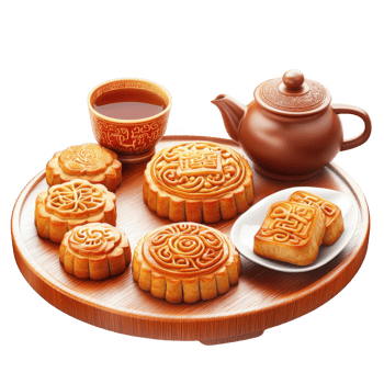 Delicious mooncakes served on a wooden tray with tea for a festive celebration. png