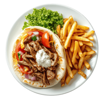 Delicious pita filled with meat, fresh vegetables, and a side of crispy fries. png