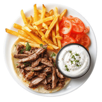 Delicious plate of seasoned meat with fries, fresh tomatoes, and creamy sauce. png