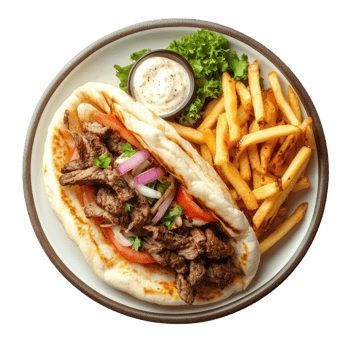 Delicious shawarma wrap served with fries and a dip, fresh and flavorful. png