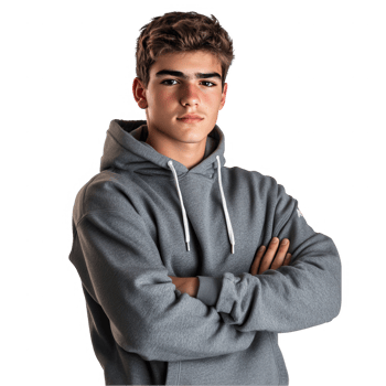 A young man in a grey hoodie standing with his arms crossed png