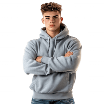 A man in a grey hoodie standing with his arms crossed png
