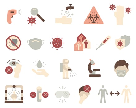 Colored icons related to the virus and its treatment. Preventing the spread of the virus. Virus and its treatment. vector