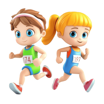 Playful children competing in a friendly running race outdoors. png