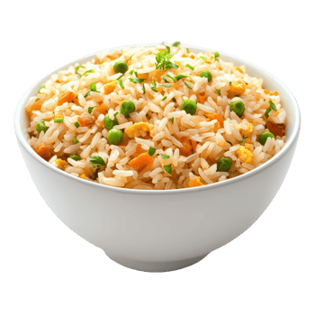 Delicious bowl of fried rice with peas and carrots, perfect for a tasty meal. png