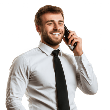 Confident businessman smiling while talking on a mobile phone, showcasing professionalism. png