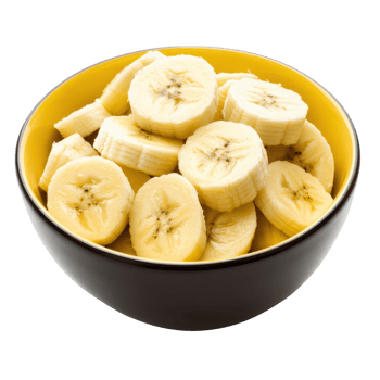 Freshly sliced bananas in a yellow bowl ready for a healthy snack or dessert. png