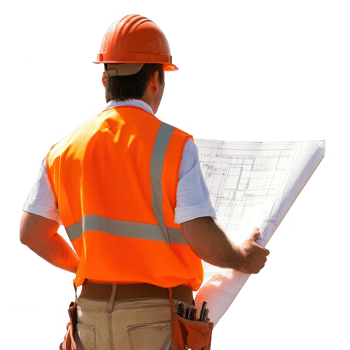 Construction worker reviewing blueprints on a job site, wearing safety gear. png