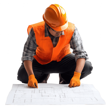 Construction worker reviewing blueprints at a building site for a new project. png