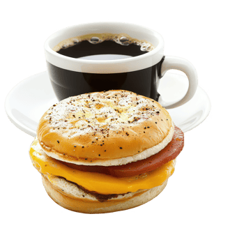 Delicious breakfast sandwich served with a hot cup of coffee on a white plate. png