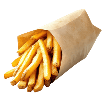 Delicious golden French fries served in a rustic paper bag, perfect for snacks. png
