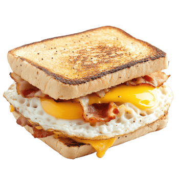 Delicious breakfast sandwich with crispy bacon and sunny-side-up eggs. png