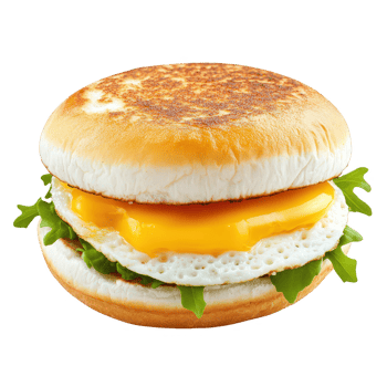 Delicious breakfast sandwich with egg, cheese, and fresh greens on a toasted bun. png
