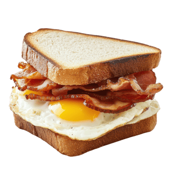 Delicious bacon and egg sandwich on toasted bread, perfect for breakfast cravings. png