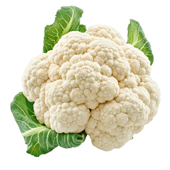 Fresh and organic cauliflower with vibrant green leaves, ready for culinary use. png