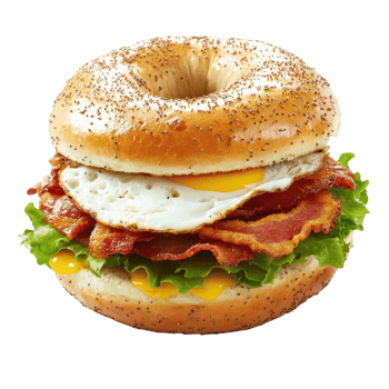 Delicious bagel sandwich with bacon, egg, and fresh greens, perfect for breakfast. png