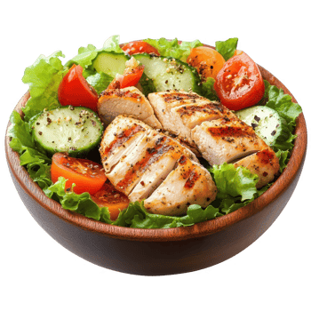 Delicious grilled chicken salad with fresh vegetables in a wooden bowl. png