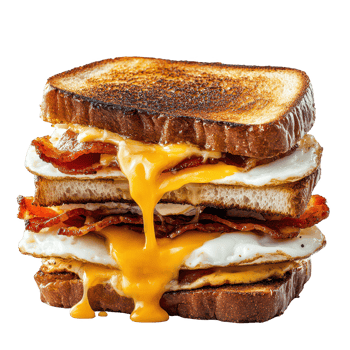 Delicious stacked sandwich with crispy bacon and melted cheese, perfect for breakfast. png