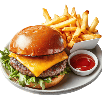 Delicious cheeseburger served with crispy fries and ketchup, perfect for any meal. png