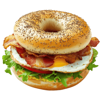 Delicious bagel sandwich with bacon, egg, lettuce, and tomato, perfect for breakfast. png