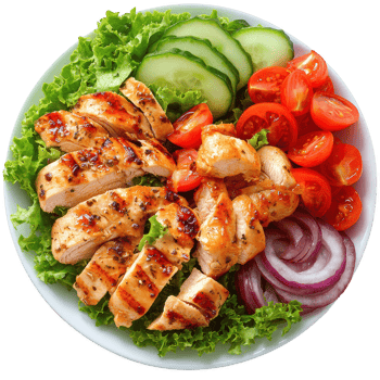 Delicious grilled chicken served with fresh vegetables and vibrant salad. png